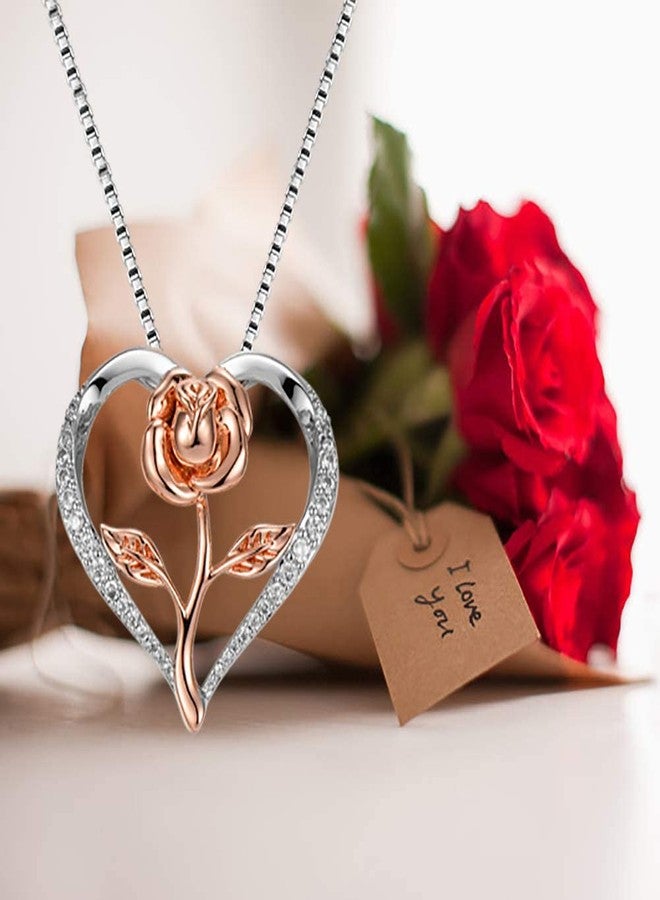 Klurent Rose Necklace for Women, Christmas Necklace with Gift Box, Rose Gold Flower Silver Heart Pendant Unique Necklaces Gift for Wife, Mom, Girlfriend on Christmas, Birthday, Anniversary - Image 3